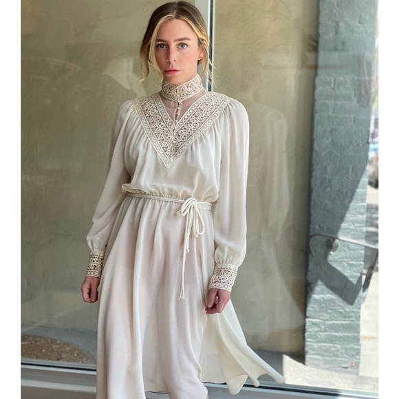 Vintage Dresses & Skirts - Vintage Long Sleeve High Neck Dress Sz S/M